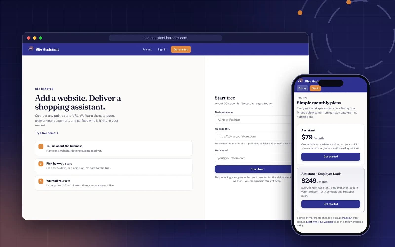 Site Assistant sign-up page and pricing on mobile