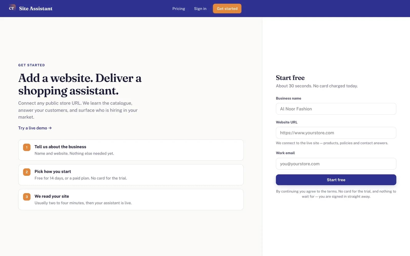Converso Tech product: Sign-up: add a website and start a free trial