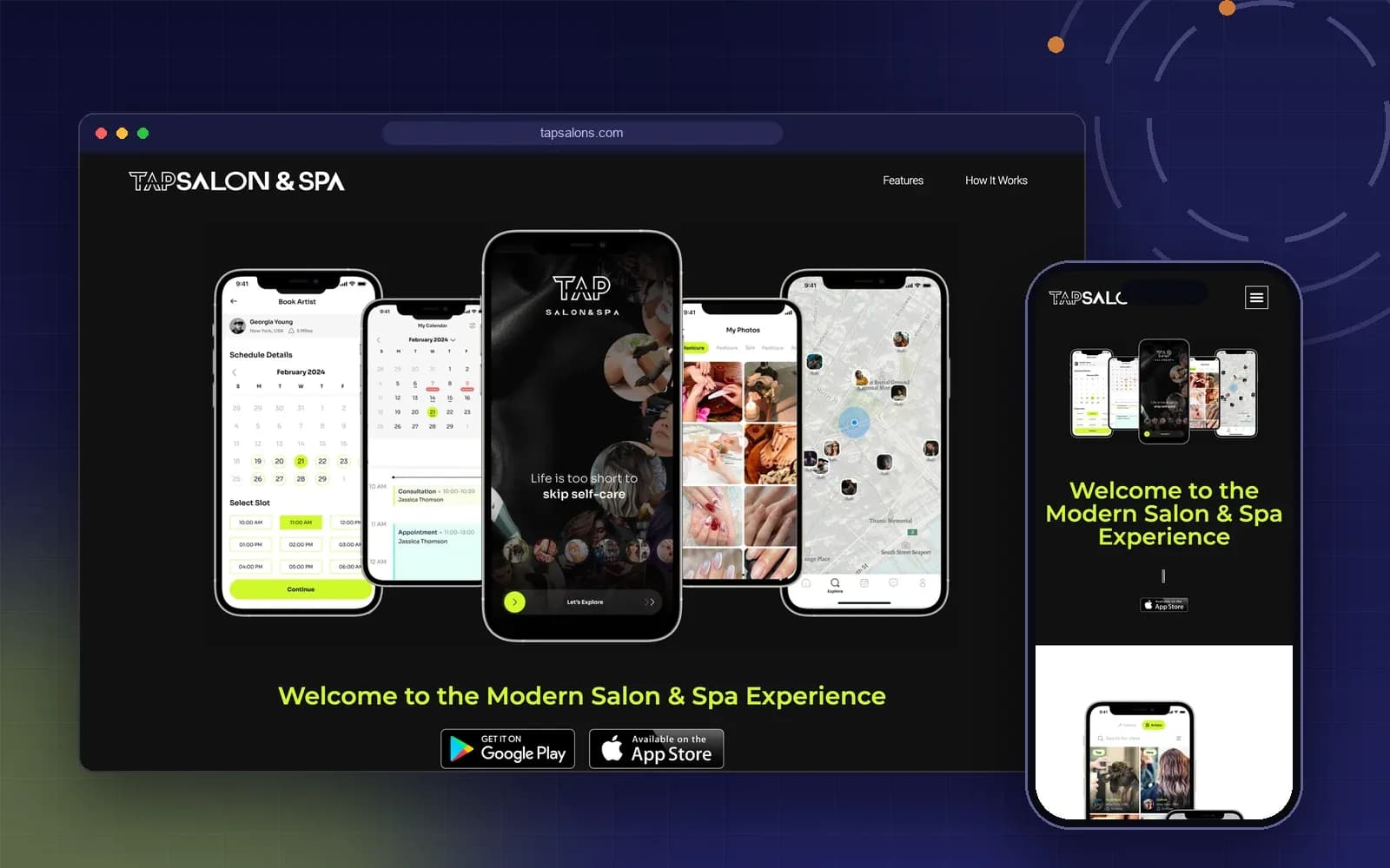 Tap Salon & Spa website and mobile app screens