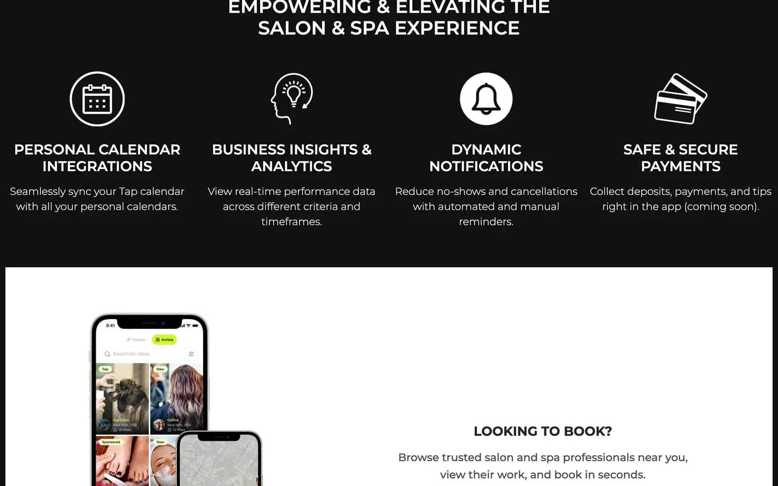 Tap Salon & Spa: Calendar sync, analytics, notifications and payments