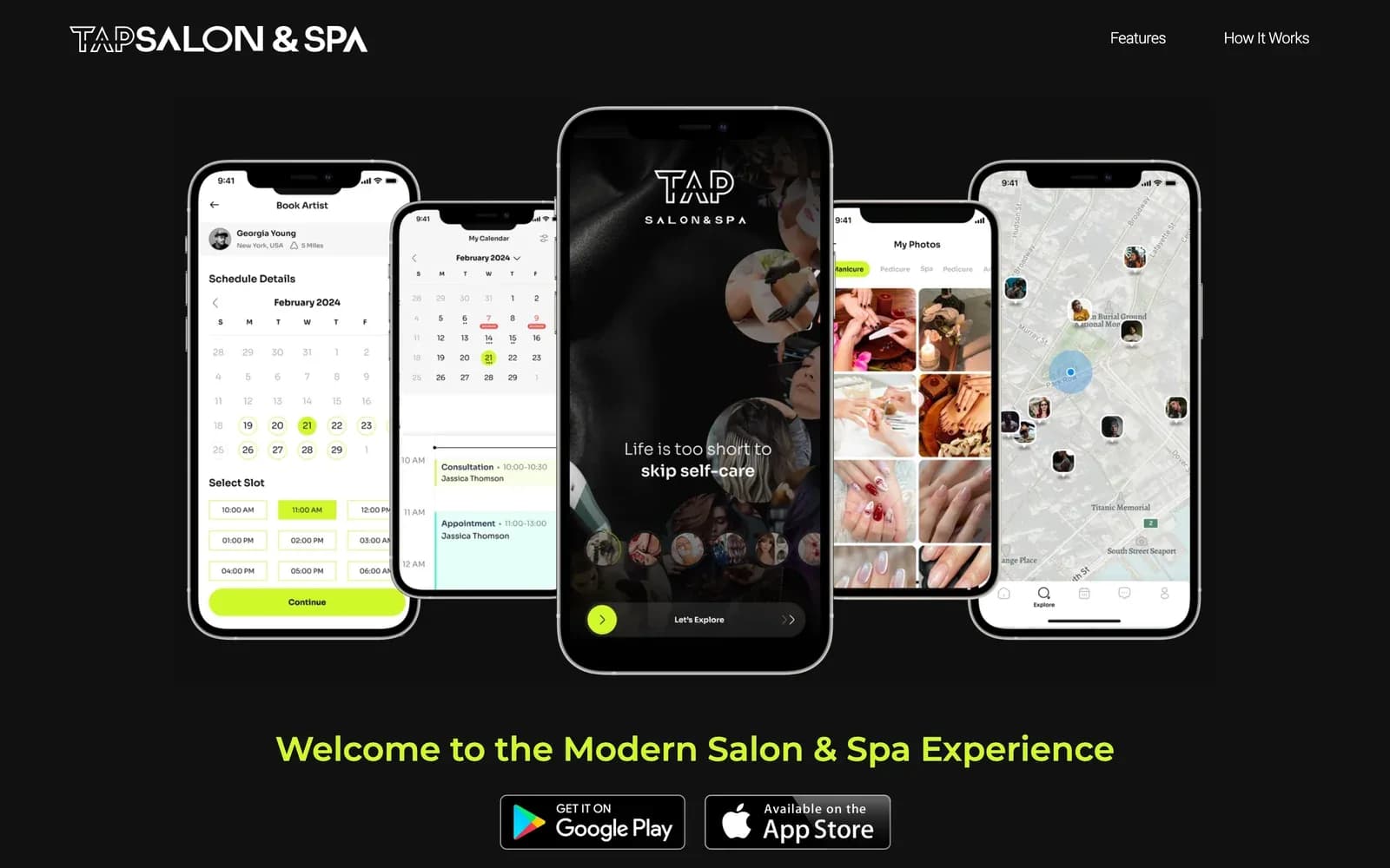 Tap Salon & Spa: Website with the app screens: booking, calendar, gallery and map